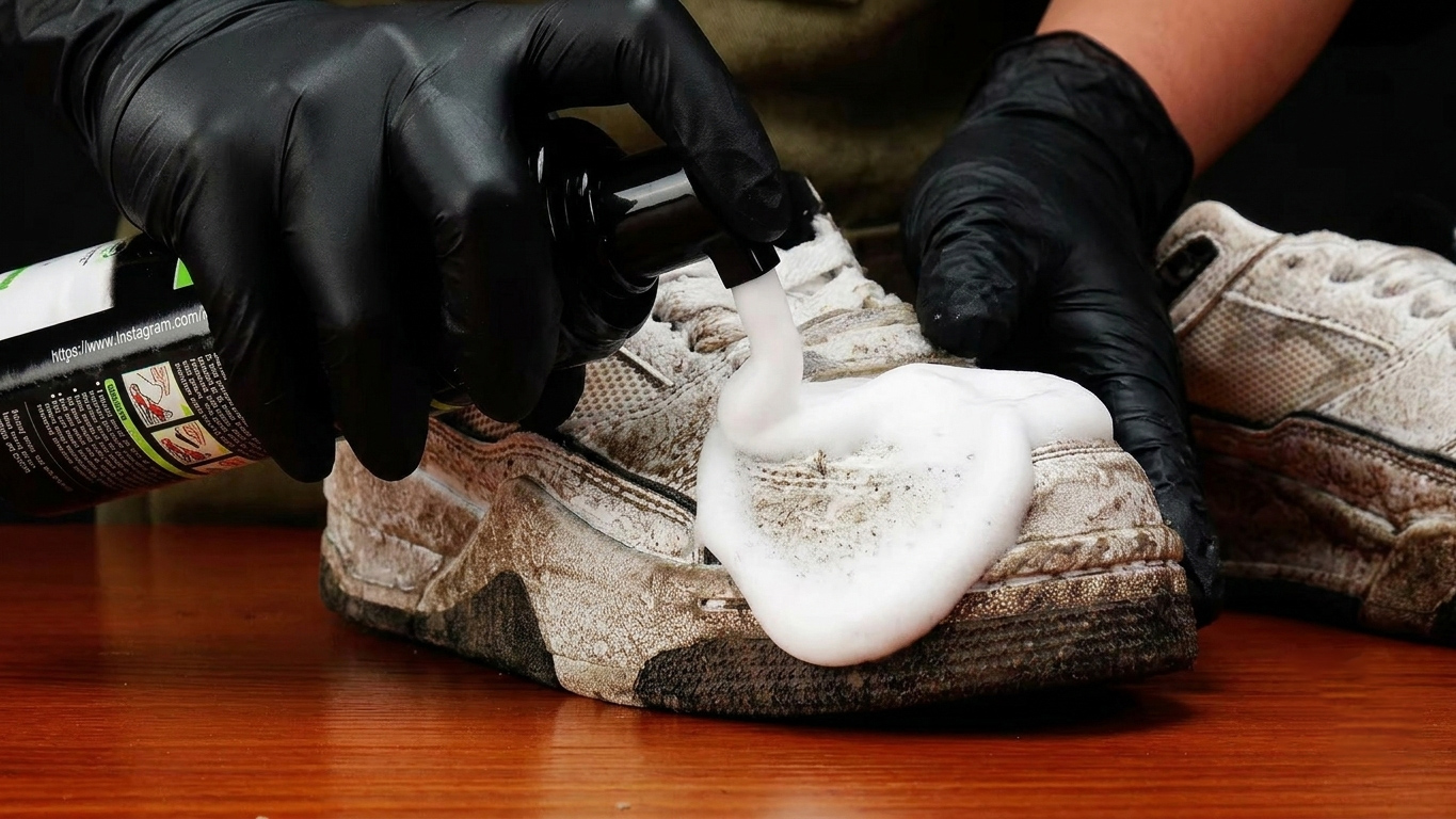 Applying ECOSOLE foam to a shoe